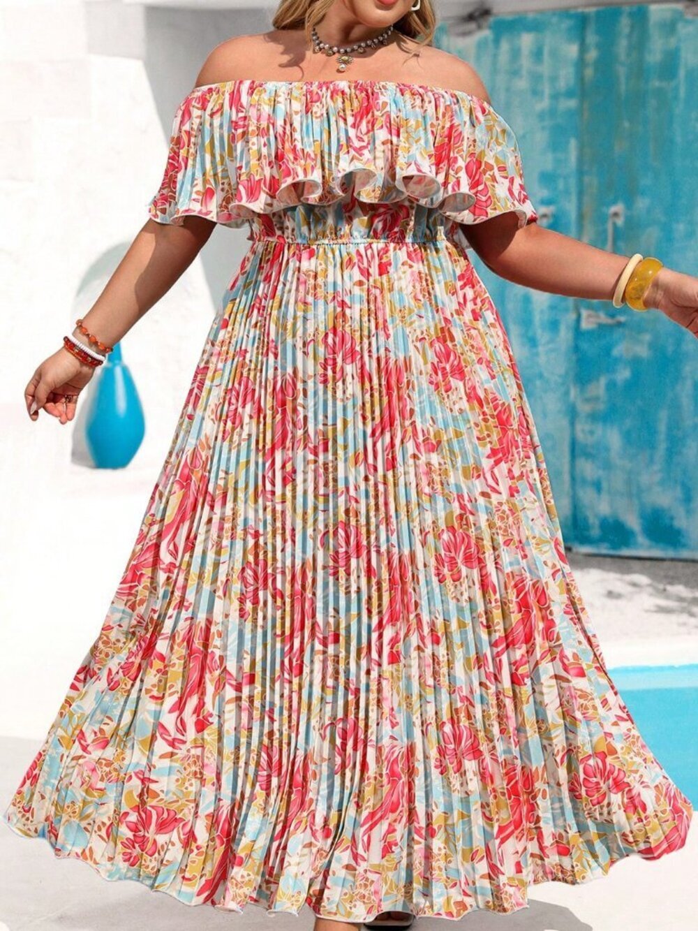 Pink Boho Plus Size Women's Floral Print Off-Shoulder Maxi Dress - Picture 5 of 11